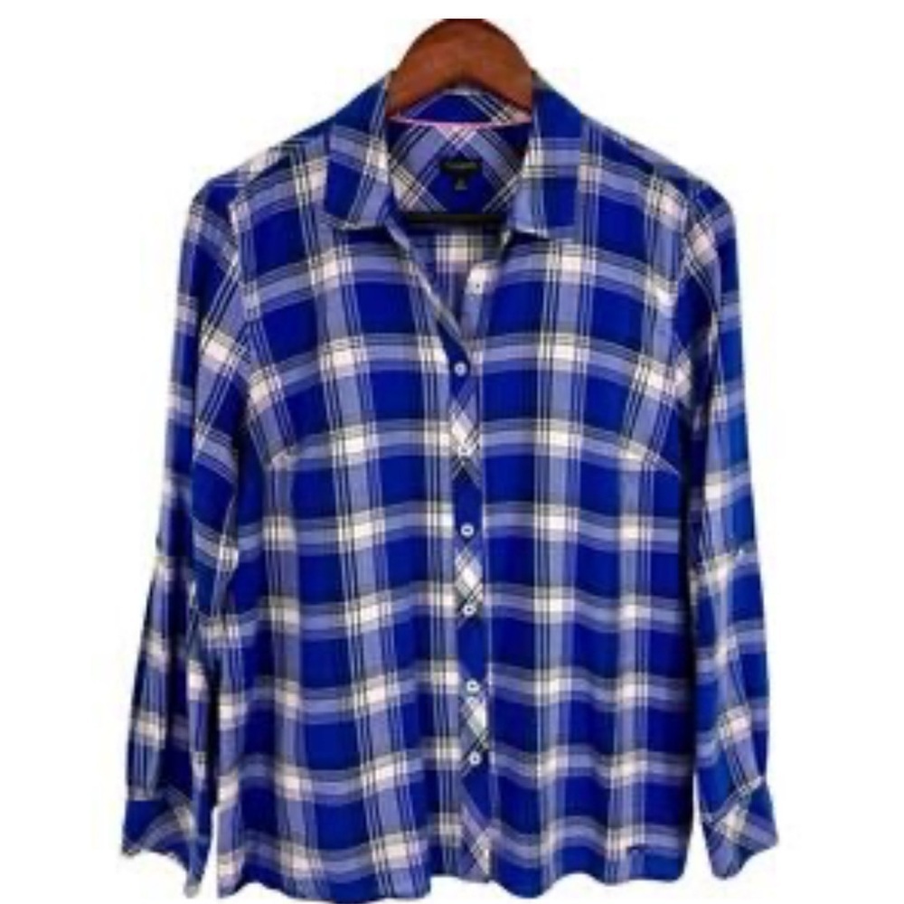 Talbots Long Sleeve Button Shirt Blouse Top Womens Size Large Blue Pink Plaid